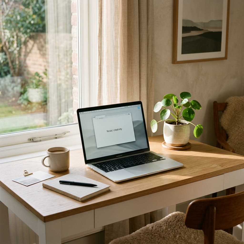 🌿 Minimalist mornings. There's something so peaceful about a clean workspace and natural light. #Workspace #Design