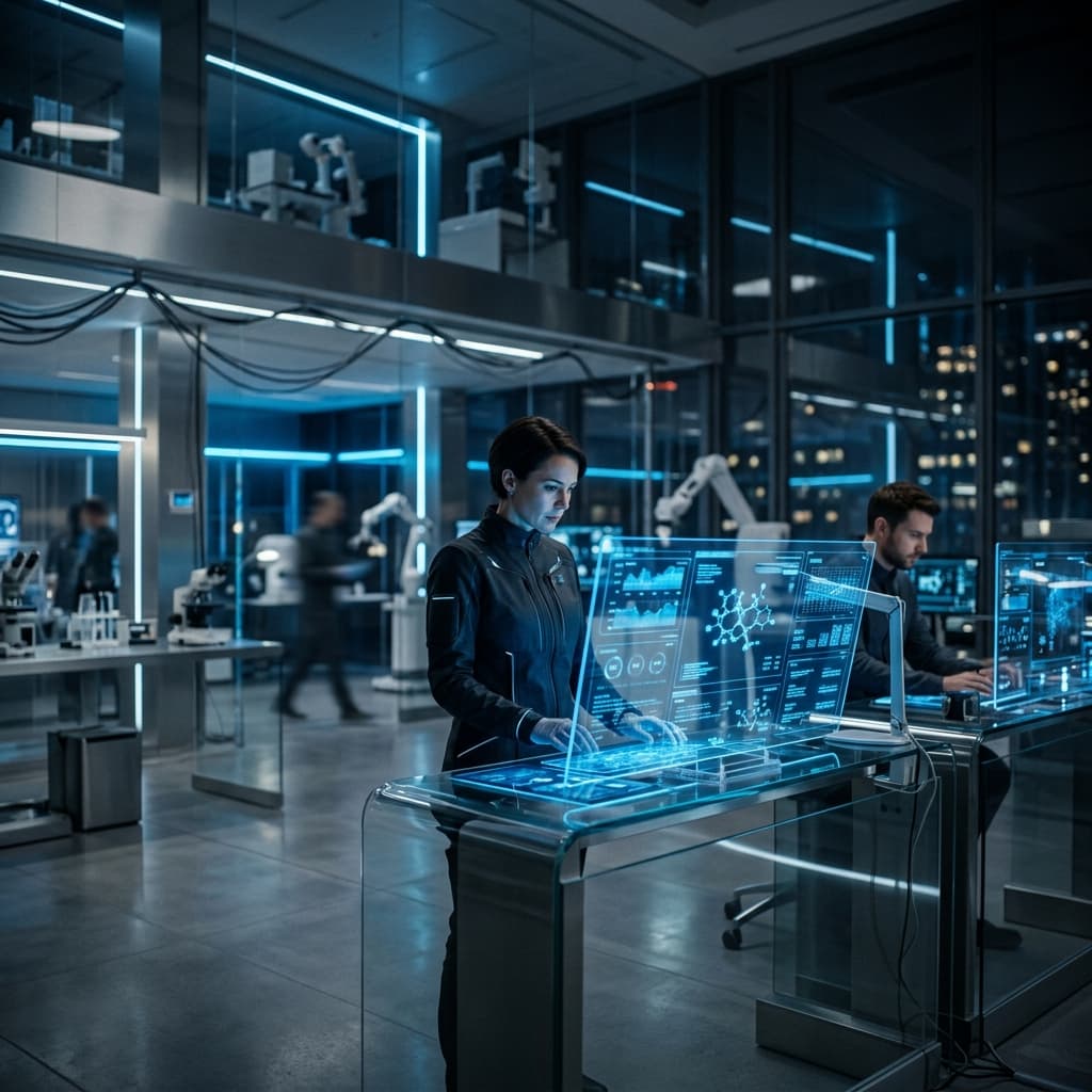 ✨ Exploring the future of technology in a state-of-the-art lab. The blue interfaces are just magical! #Tech #Innovation